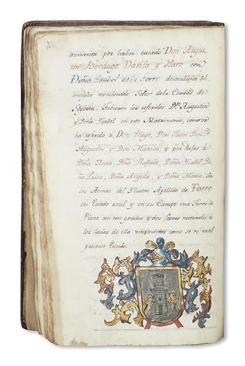 (MEXICO.) Manuscript confirmation of arms and nobility in favor of the Berdugo, Davila, Haro and Torre families.